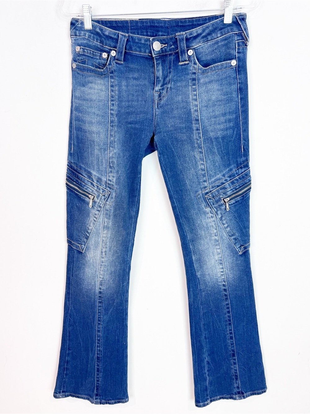 TRUE RELIGION FLARE LEG CARGO BECCA LOW RISE BOOT CUT JEANS WITH ZIPPERS SZ 28